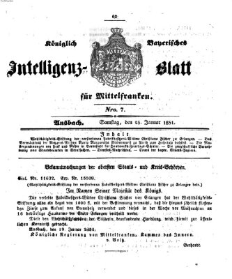 Königlich Bayerisches Intelligenzblatt für Mittelfranken (Ansbacher Intelligenz-Zeitung) Samstag 25. Januar 1851