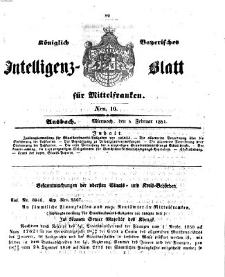 Königlich Bayerisches Intelligenzblatt für Mittelfranken (Ansbacher Intelligenz-Zeitung) Mittwoch 5. Februar 1851