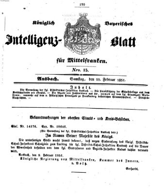 Königlich Bayerisches Intelligenzblatt für Mittelfranken (Ansbacher Intelligenz-Zeitung) Samstag 22. Februar 1851