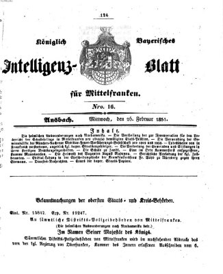 Königlich Bayerisches Intelligenzblatt für Mittelfranken (Ansbacher Intelligenz-Zeitung) Mittwoch 26. Februar 1851