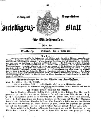 Königlich Bayerisches Intelligenzblatt für Mittelfranken (Ansbacher Intelligenz-Zeitung) Mittwoch 5. März 1851