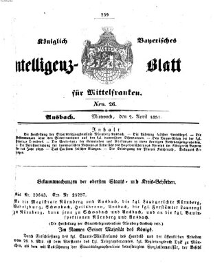 Königlich Bayerisches Intelligenzblatt für Mittelfranken (Ansbacher Intelligenz-Zeitung) Mittwoch 2. April 1851