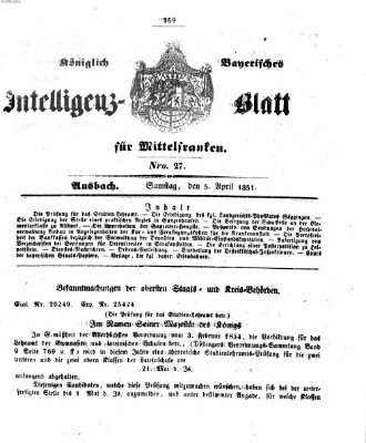 Königlich Bayerisches Intelligenzblatt für Mittelfranken (Ansbacher Intelligenz-Zeitung) Samstag 5. April 1851