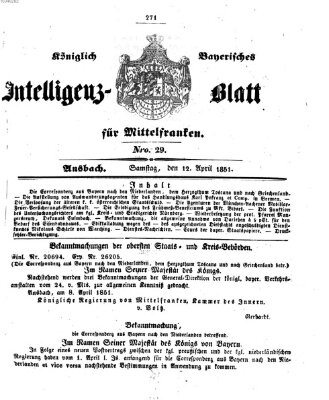 Königlich Bayerisches Intelligenzblatt für Mittelfranken (Ansbacher Intelligenz-Zeitung) Samstag 12. April 1851