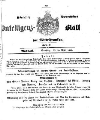 Königlich Bayerisches Intelligenzblatt für Mittelfranken (Ansbacher Intelligenz-Zeitung) Samstag 19. April 1851