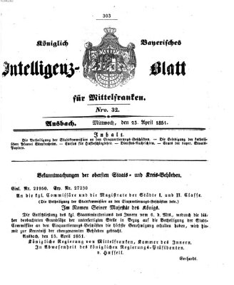 Königlich Bayerisches Intelligenzblatt für Mittelfranken (Ansbacher Intelligenz-Zeitung) Mittwoch 23. April 1851