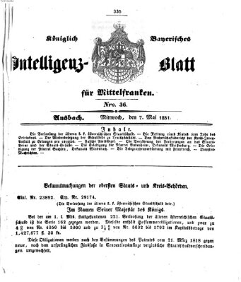 Königlich Bayerisches Intelligenzblatt für Mittelfranken (Ansbacher Intelligenz-Zeitung) Mittwoch 7. Mai 1851