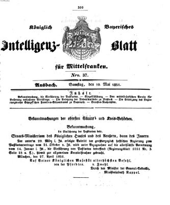 Königlich Bayerisches Intelligenzblatt für Mittelfranken (Ansbacher Intelligenz-Zeitung) Samstag 10. Mai 1851