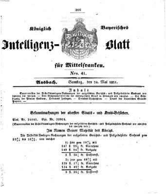 Königlich Bayerisches Intelligenzblatt für Mittelfranken (Ansbacher Intelligenz-Zeitung) Samstag 24. Mai 1851