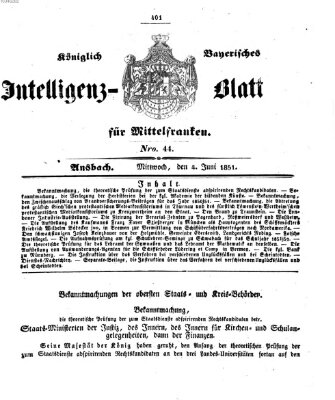 Königlich Bayerisches Intelligenzblatt für Mittelfranken (Ansbacher Intelligenz-Zeitung) Mittwoch 4. Juni 1851