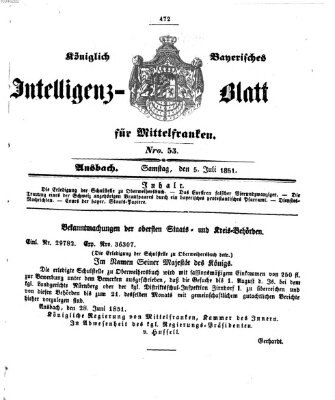 Königlich Bayerisches Intelligenzblatt für Mittelfranken (Ansbacher Intelligenz-Zeitung) Samstag 5. Juli 1851