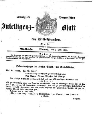 Königlich Bayerisches Intelligenzblatt für Mittelfranken (Ansbacher Intelligenz-Zeitung) Mittwoch 9. Juli 1851