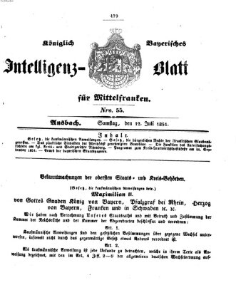Königlich Bayerisches Intelligenzblatt für Mittelfranken (Ansbacher Intelligenz-Zeitung) Samstag 12. Juli 1851