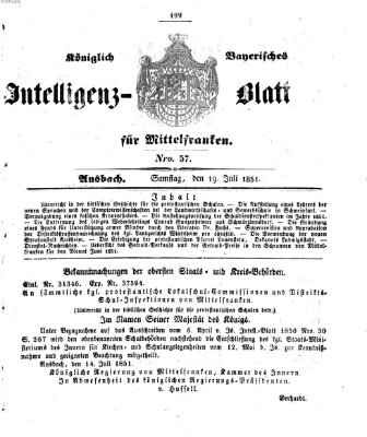 Königlich Bayerisches Intelligenzblatt für Mittelfranken (Ansbacher Intelligenz-Zeitung) Samstag 19. Juli 1851