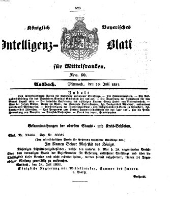 Königlich Bayerisches Intelligenzblatt für Mittelfranken (Ansbacher Intelligenz-Zeitung) Mittwoch 30. Juli 1851