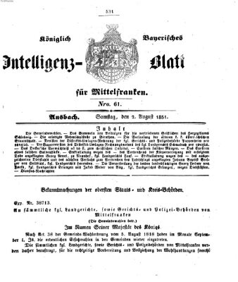 Königlich Bayerisches Intelligenzblatt für Mittelfranken (Ansbacher Intelligenz-Zeitung) Samstag 2. August 1851