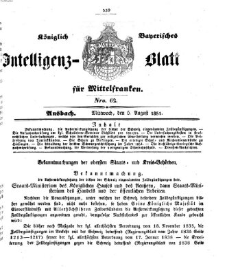 Königlich Bayerisches Intelligenzblatt für Mittelfranken (Ansbacher Intelligenz-Zeitung) Mittwoch 6. August 1851