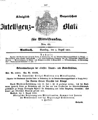 Königlich Bayerisches Intelligenzblatt für Mittelfranken (Ansbacher Intelligenz-Zeitung) Samstag 9. August 1851