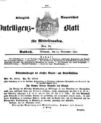 Königlich Bayerisches Intelligenzblatt für Mittelfranken (Ansbacher Intelligenz-Zeitung) Mittwoch 24. September 1851