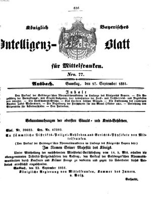 Königlich Bayerisches Intelligenzblatt für Mittelfranken (Ansbacher Intelligenz-Zeitung) Samstag 27. September 1851