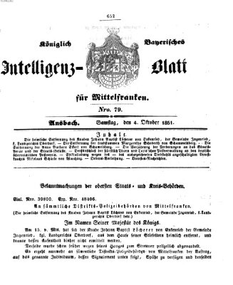 Königlich Bayerisches Intelligenzblatt für Mittelfranken (Ansbacher Intelligenz-Zeitung) Samstag 4. Oktober 1851