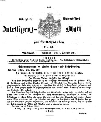 Königlich Bayerisches Intelligenzblatt für Mittelfranken (Ansbacher Intelligenz-Zeitung) Mittwoch 8. Oktober 1851