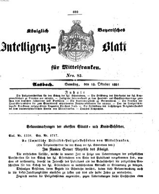 Königlich Bayerisches Intelligenzblatt für Mittelfranken (Ansbacher Intelligenz-Zeitung) Samstag 18. Oktober 1851