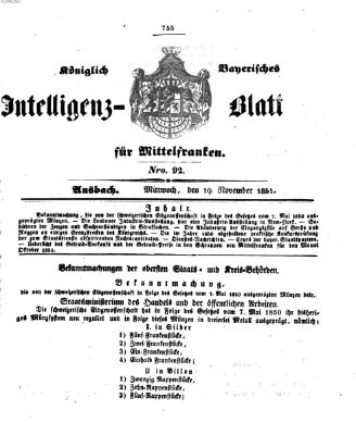 Königlich Bayerisches Intelligenzblatt für Mittelfranken (Ansbacher Intelligenz-Zeitung) Mittwoch 19. November 1851