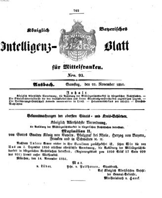 Königlich Bayerisches Intelligenzblatt für Mittelfranken (Ansbacher Intelligenz-Zeitung) Samstag 22. November 1851