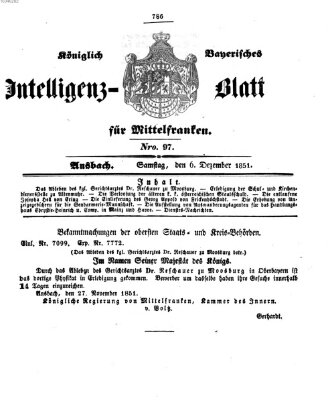 Königlich Bayerisches Intelligenzblatt für Mittelfranken (Ansbacher Intelligenz-Zeitung) Samstag 6. Dezember 1851