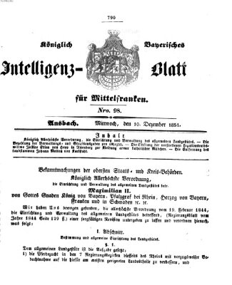 Königlich Bayerisches Intelligenzblatt für Mittelfranken (Ansbacher Intelligenz-Zeitung) Mittwoch 10. Dezember 1851