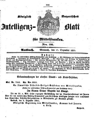 Königlich Bayerisches Intelligenzblatt für Mittelfranken (Ansbacher Intelligenz-Zeitung) Mittwoch 17. Dezember 1851