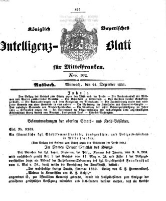 Königlich Bayerisches Intelligenzblatt für Mittelfranken (Ansbacher Intelligenz-Zeitung) Mittwoch 24. Dezember 1851