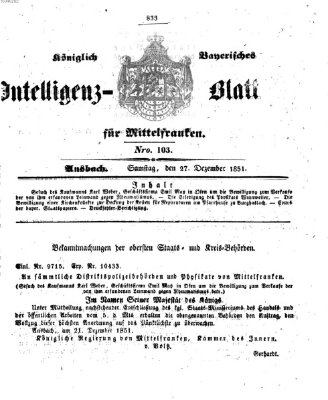 Königlich Bayerisches Intelligenzblatt für Mittelfranken (Ansbacher Intelligenz-Zeitung) Samstag 27. Dezember 1851