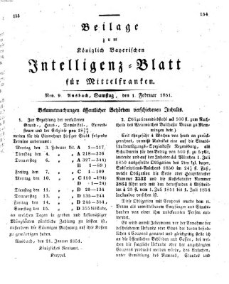 Königlich Bayerisches Intelligenzblatt für Mittelfranken (Ansbacher Intelligenz-Zeitung) Samstag 1. Februar 1851