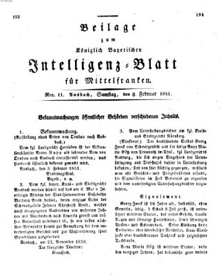 Königlich Bayerisches Intelligenzblatt für Mittelfranken (Ansbacher Intelligenz-Zeitung) Samstag 8. Februar 1851