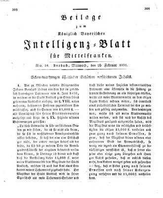 Königlich Bayerisches Intelligenzblatt für Mittelfranken (Ansbacher Intelligenz-Zeitung) Mittwoch 26. Februar 1851