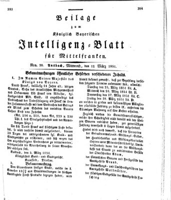 Königlich Bayerisches Intelligenzblatt für Mittelfranken (Ansbacher Intelligenz-Zeitung) Mittwoch 12. März 1851