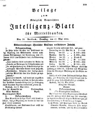 Königlich Bayerisches Intelligenzblatt für Mittelfranken (Ansbacher Intelligenz-Zeitung) Samstag 17. Mai 1851