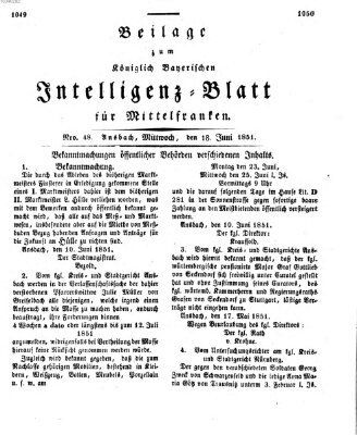 Königlich Bayerisches Intelligenzblatt für Mittelfranken (Ansbacher Intelligenz-Zeitung) Mittwoch 18. Juni 1851