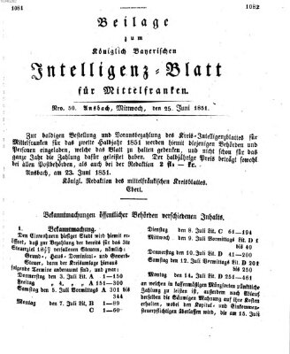 Königlich Bayerisches Intelligenzblatt für Mittelfranken (Ansbacher Intelligenz-Zeitung) Mittwoch 25. Juni 1851