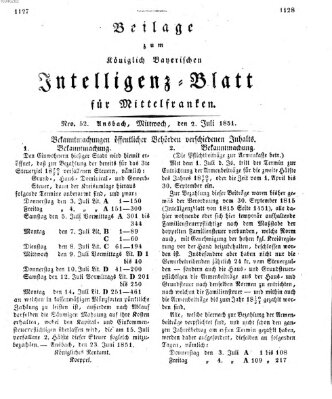 Königlich Bayerisches Intelligenzblatt für Mittelfranken (Ansbacher Intelligenz-Zeitung) Mittwoch 2. Juli 1851