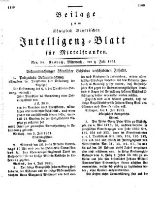Königlich Bayerisches Intelligenzblatt für Mittelfranken (Ansbacher Intelligenz-Zeitung) Mittwoch 9. Juli 1851