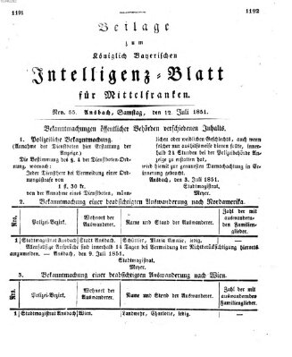 Königlich Bayerisches Intelligenzblatt für Mittelfranken (Ansbacher Intelligenz-Zeitung) Samstag 12. Juli 1851