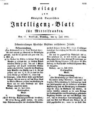 Königlich Bayerisches Intelligenzblatt für Mittelfranken (Ansbacher Intelligenz-Zeitung) Samstag 19. Juli 1851