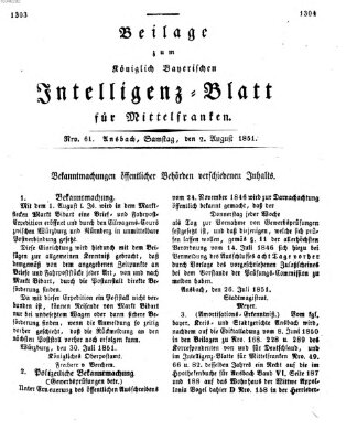 Königlich Bayerisches Intelligenzblatt für Mittelfranken (Ansbacher Intelligenz-Zeitung) Samstag 2. August 1851