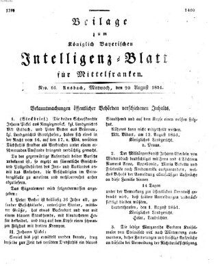 Königlich Bayerisches Intelligenzblatt für Mittelfranken (Ansbacher Intelligenz-Zeitung) Mittwoch 20. August 1851