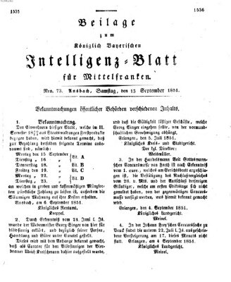 Königlich Bayerisches Intelligenzblatt für Mittelfranken (Ansbacher Intelligenz-Zeitung) Samstag 13. September 1851