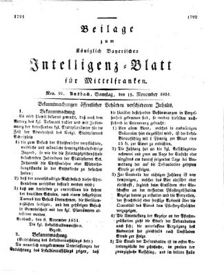 Königlich Bayerisches Intelligenzblatt für Mittelfranken (Ansbacher Intelligenz-Zeitung) Samstag 15. November 1851