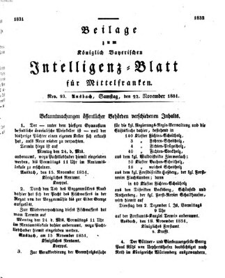 Königlich Bayerisches Intelligenzblatt für Mittelfranken (Ansbacher Intelligenz-Zeitung) Samstag 22. November 1851